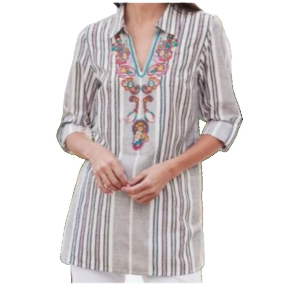 A5 NWT SOFT SURROUNDINGS Blk Wht Multi Embroidered Brookhaven Tunic Size L $110 - Picture 1 of 7